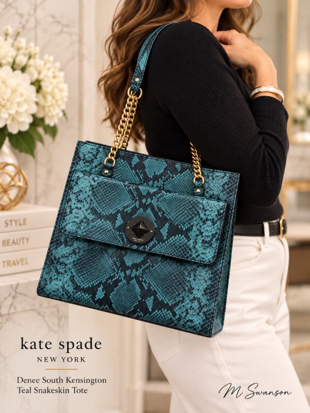 Kate Spade Denee South Kensington Teal Snakeskin Leather Tote Shoulder Bag - Picture 2 of 15